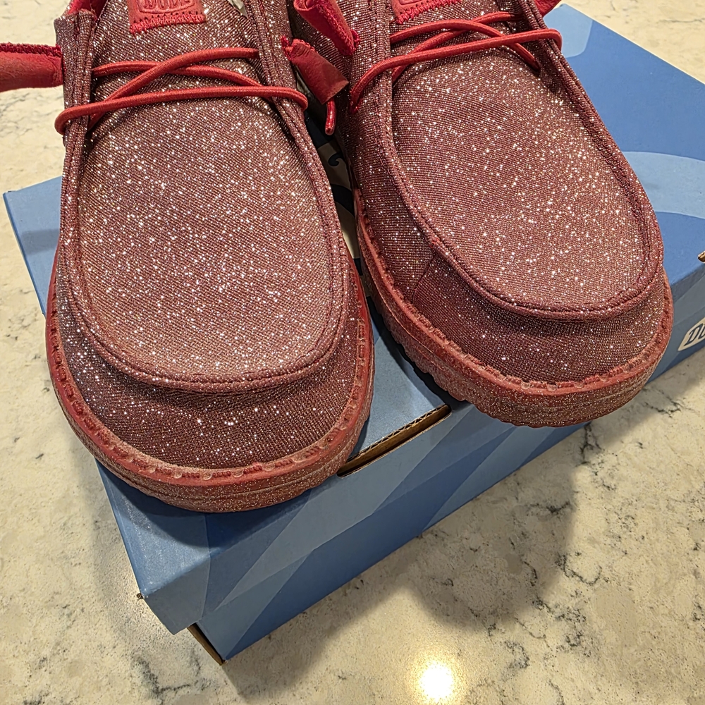 Hey Dude Women's Sparkle Red Casual Shoes - Picture 2 of 10